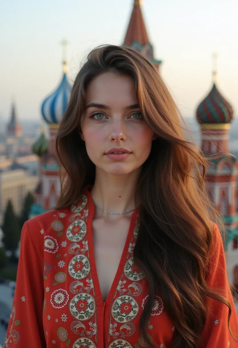 A beautiful 24 years old  high-definition shot of a Russian girl with long, brown hair and piercing blue eyes. She's wearing a  Pakistani dress and standing in front of a stunning Moscow