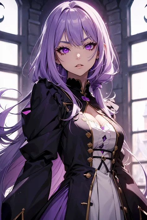 ((Aura of the Guillotine)) , Demon Clan, Back Low Perspective , ((Very detailed, Highest Quality, High Resolution, 8k Wallpaper, Beautiful Clothes,)), (( Lavender Hair)) , (Light Purple Eyes), (Tooth), Eyeshadow, Eyeliner, Glow Eye, Very Detailed Eyes, Cle...