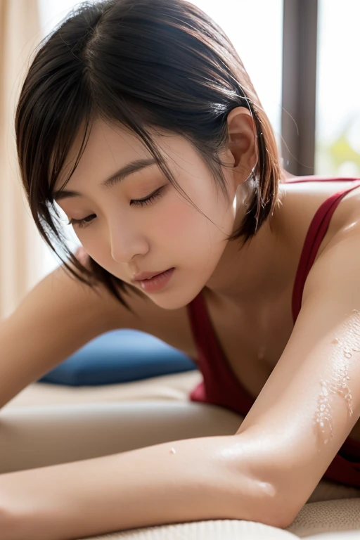 A beautiful Japanese women in her 20s with wet black short hair styled cleanly, Lying face down on the massage bed, getting an aromatherapy massage,

Hawaiian beach in the morning.