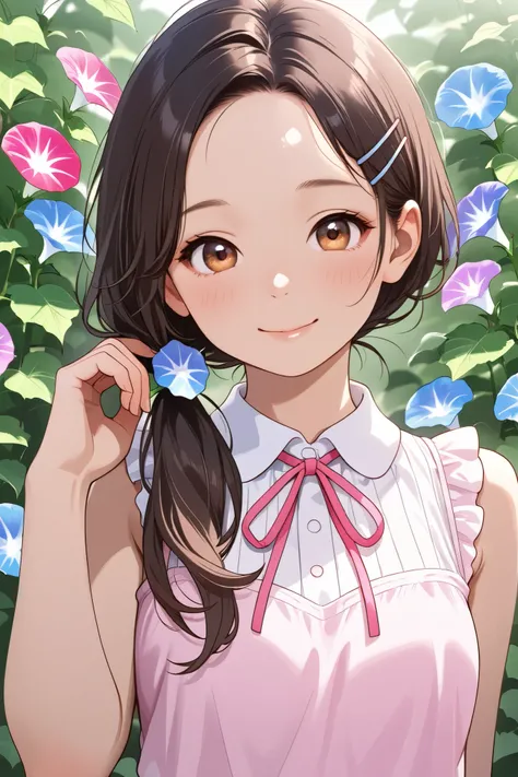  Realistic、（smile、  hairpins、  hairstyles that show a wide forehead 、Hairstyles split in the middle  、 sleeveless）、  Take a walk in the garden where colorful morning glory flowers bloom、Morning Dew