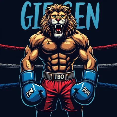 A humanoid lion wearing boxing equipment in the ring with bruises that make him sweat the color of a blue glove with shorts from Brazil . I want a very large TEAM GIESEN writing on top of it and on the bottom it says BOXING, all in the dark style.. How do ...