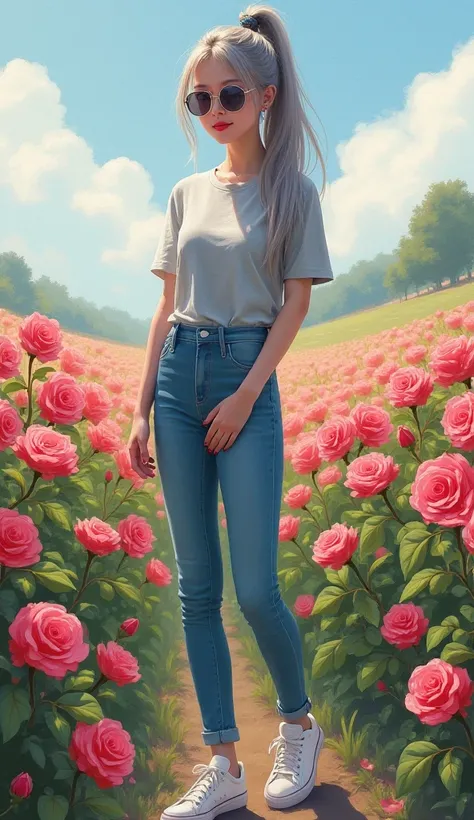 Chinese Chinese Thai Girl Digital Art Oil Painting Beautiful Long Raised Hair in Straight Ponytail, Gray Hair Dressed in Gray Women's Shirt, High Waist Jeans, Sneakers, Sunglasses, Straight Face, Thin Smile, Slender Fingers, Beautiful Nails, Beautiful Colo...