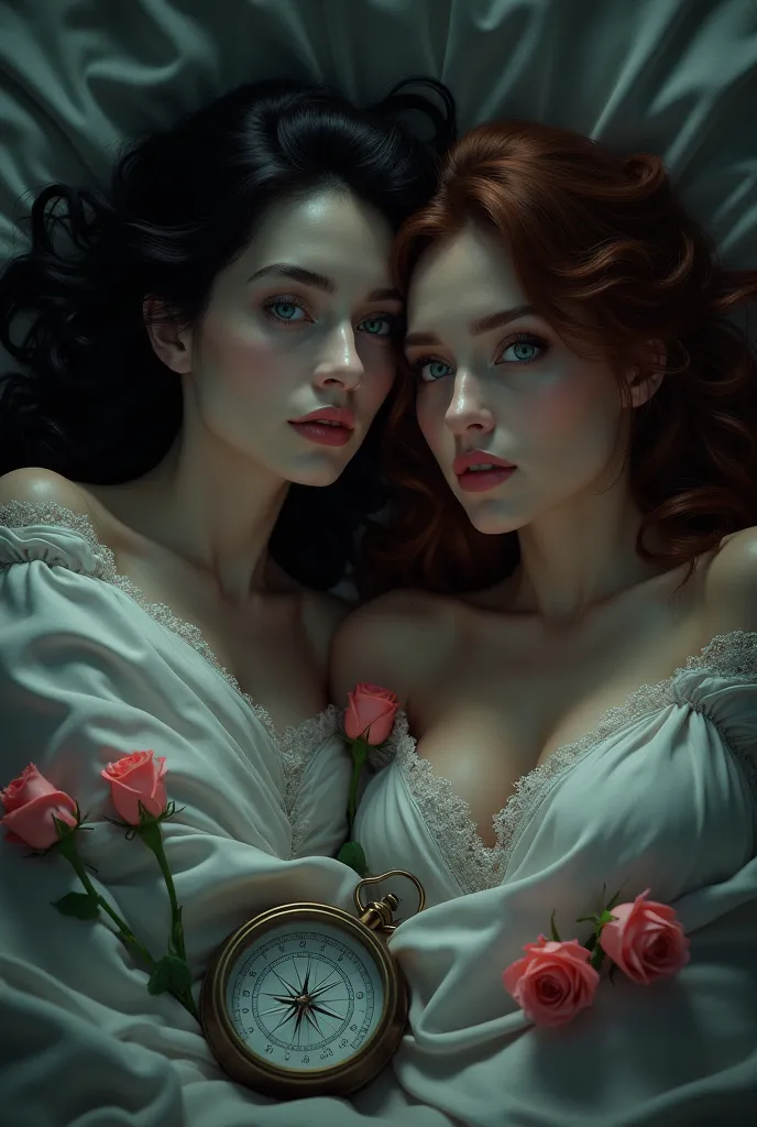 High quality, 4k, realistic, two women in a bed surrounded by roses and a compass in the dark. The one had black hair, pale skin and piercing blue eyes while the other one had brown hair and fair skin and green eyes.