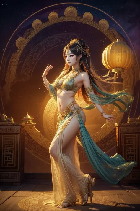 high-level image quality、ighly detailed、in 8K、Loulan beauty、Heavenly daughter、belly dancer、Fator、hisui、Baoyu、Mystical、Fantastical、Loulan、high towers、The Lost City、Ancient China、mirage、dunhuang、celestial realm、palatial palace、Dancing in the palace against t...