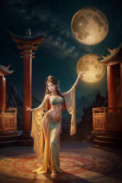 high-level image quality、ighly detailed、in 8K、Loulan beauty、Heavenly daughter、belly dancer、Fator、hisui、Baoyu、Mystical、Fantastical、Loulan、high towers、The Lost City、Ancient China、mirage、dunhuang、celestial realm、palatial palace、Dancing in the palace against t...