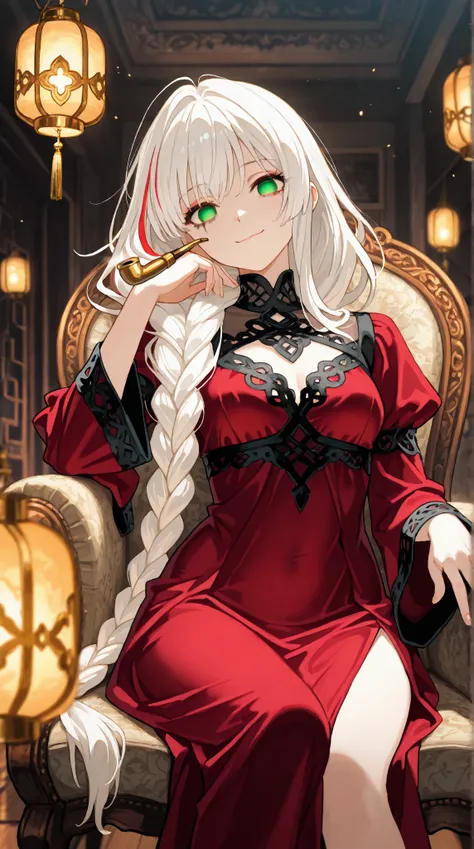 (Extremely detailed ), female, white hair with few red highlights strands,  single long braid starts below the neck and all the way down the end of the back knee, solo, emerald eye color both empty eyes,  anatomically correct, medium breast (clothed), sult...