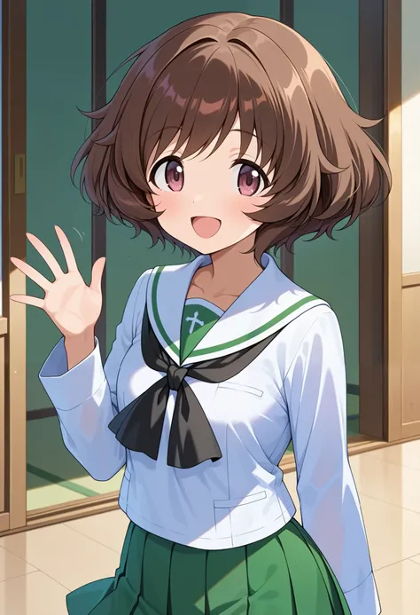  high res,  top quality,  Super Quality  , Akiyama Yukari 、 short hair、 bouncing hair、Uniform up、 ( Oarai school uniform :1.3),White sailor collar,  black neckerchief ,  white shirt,  Long Sleeve  , Green Skirt 、 waving