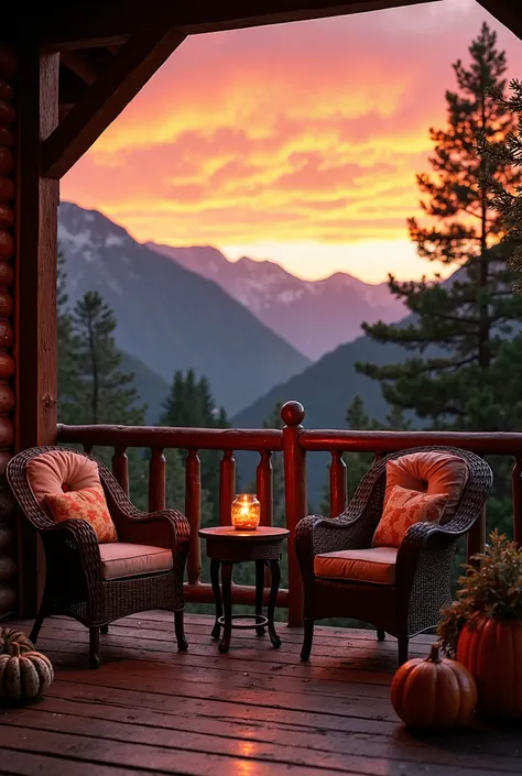 A cozy mountain cabin patio at sunset, featuring wicker furniture with cushions, a small round table, a candle on a wooden side table, and a pumpkin on the deck. The scene overlooks a stunning mountain landscape with a vibrant sunset sky, creating a serene...