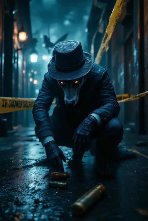 {{A ((dignified and intense)) depiction of {((an anthropomorphic German Shepherd detective, dressed in a tailored suit and leather gloves, kneeling at a crime scene, inspecting a bullet casing with a forensic precision))}}} with {((yellow crime scene tape ...