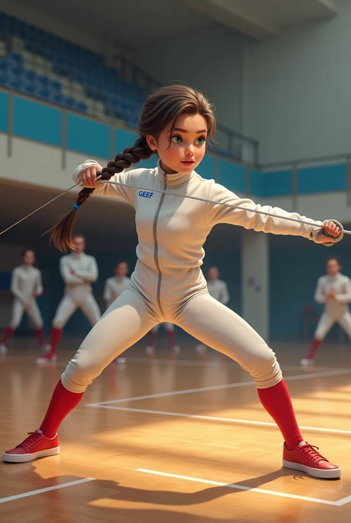 Tessa,  a 16-year-old German girl ,  practice fencing in an illuminated sports center .  Her beauty is breathtaking :  perfectly proportioned face , , intense green eyes and long dark brown hair tied in a braid with a black rubber band..  Your figure slim ...