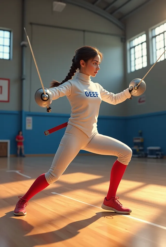 Tessa,  a 16-year-old German girl ,  practice fencing in an illuminated sports center .  Her beauty is breathtaking :  perfectly proportioned face , , intense green eyes and long dark brown hair tied in a braid with a black rubber band..  Your figure slim ...