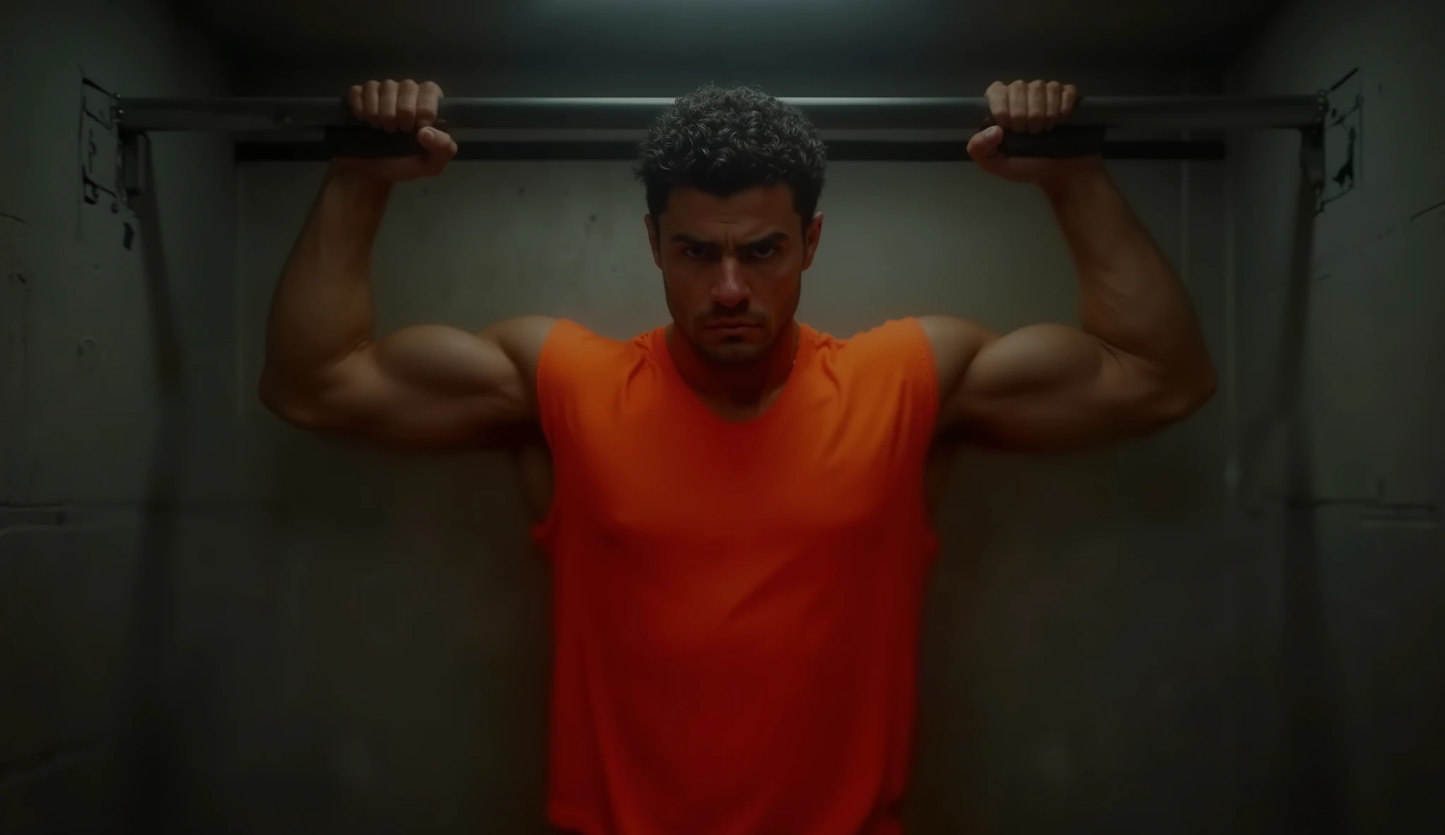 1ui6i, photo, strong man, whole body looking at viewer, wearing an orange jumpsuit, doing pullups in a prison cell