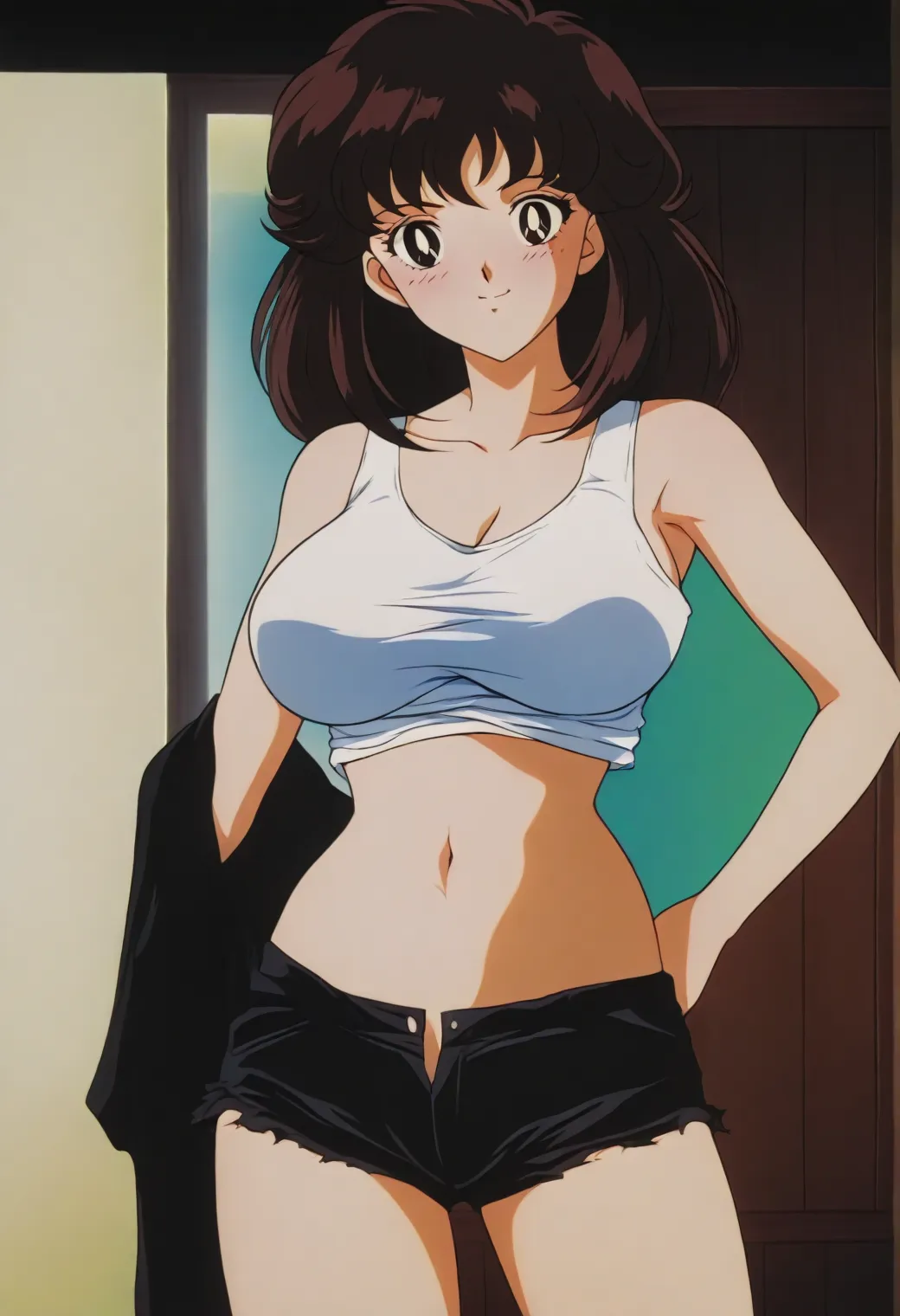 sysdeep_Tomoko,  dark brown hair,  dark eyes,  anime coloring ,   retro art style,  1 girl,cowboy shot,sexy body. medium hair. tank top. hot pants.(Big Breasts:1.3).(smile:1.2).(blush:1.3).navel. whiplash outside the body