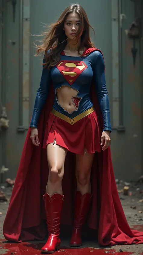  Live Action 、 Japanese supergirl in her 20s 、  man slashes Supergirl with a sword  、((( Her chest is torn  with sword、Expression of deep pain  、dramatic、 Dramatic look 、 blood spurts out of her wound 、Her chest is torn 、Ripped belly、I can see my skin on m...