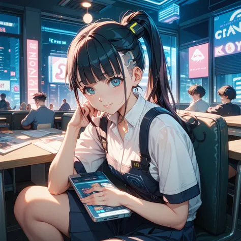  Cyberpunk city 、 cute elementary school girl、 black hair、 ponytail、Sister clothes、Confession Room