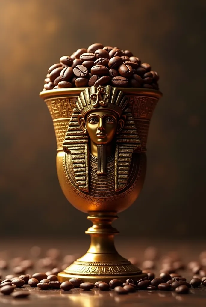 Create a logo containing coffee beans with a Pharaonic cup called Coffee Pharaoh's Gold