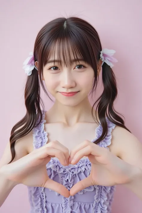 "A cheerful young female idol with big, sparkling eyes and a bright smile, wearing a colorful and stylish idol outfit with frills and ribbons. She is forming a heart shape with her hands in front of her chest. Her hair is styled in cute twin tails with dec...