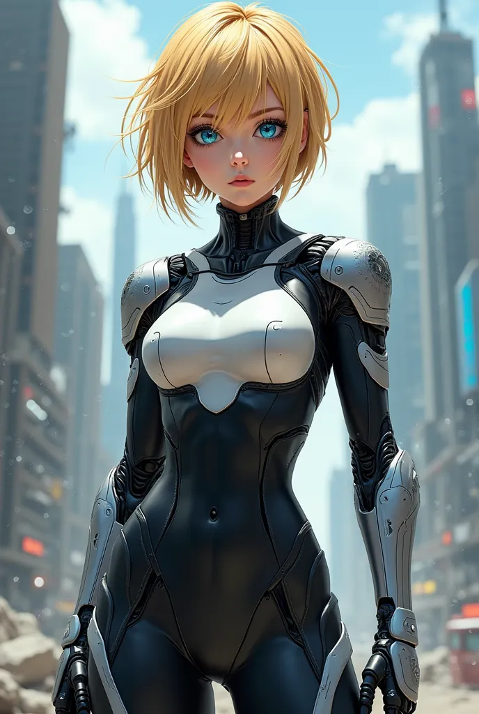 "4K anime style quality, digital drawing mode, a strikingly beautiful cyborg woman with short golden hair and blue eyes, wearing a sleek black and white outfit with metallic silver arms, standing futuristic cityscape in ruins behind her, full body, powerfu...