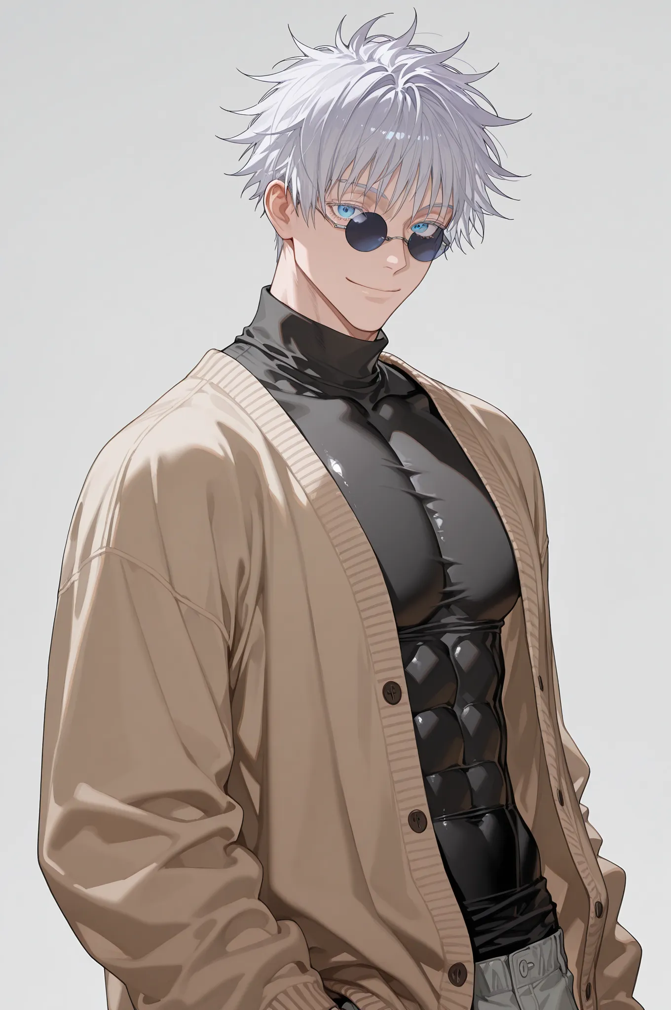 suou (sdurorhr), ningen mame, (ciloranko:0.7), portrait, 1boy, male focus, gojou satoru, jujutsu kaisen, short hair, curtained hair, middle part, long bangs, wavy hair, blue eyes, round black sunglasses, covered eyes, smile, closed mouth, ((muscular)), han...