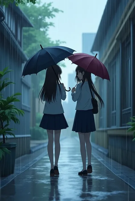 Anime picture: Two raining girls as a student  walking home at the same time, one holding an umbrella close to each other. One looks at the corridor smiling, laughing, the person holding the umbrella looks at the person who laughs softly, secretly loves, l...