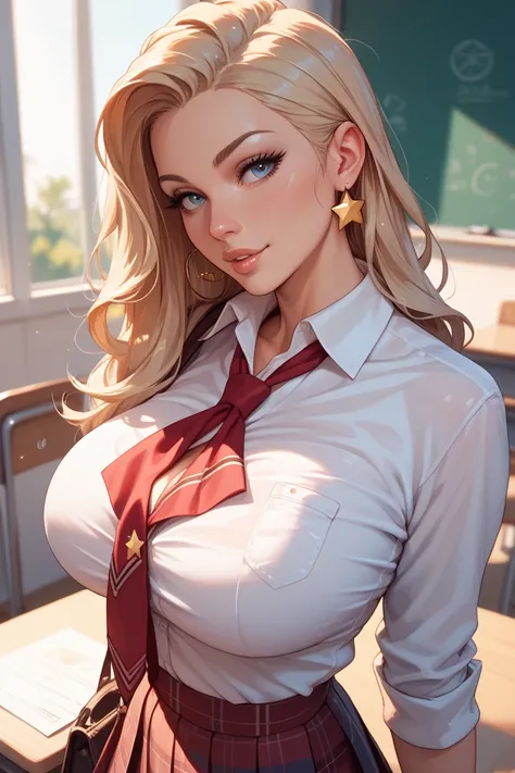 Sexy anime girl with a porn star like body in a tight whet school uniform skin showing Large breasts, 