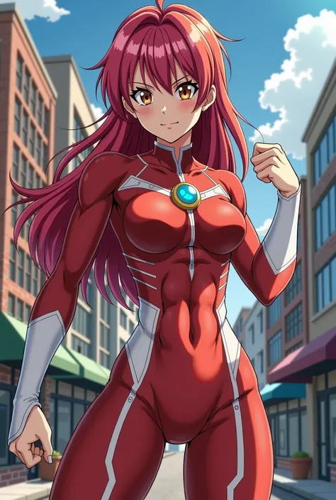 My Hero Academia Style , Anime girl, female, young female,muscular female,Full Body Shot,(fighting Pose:1.5),Long hair, Red Hair,  Brown Eyes,Hero Suit, Full Body Suit, red suit with white details,small round blue jewel in the center of the chest, perfect ...