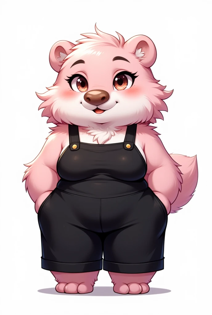 White background, wearing black jumpsuit, stylized, furry, light pink anthropomorphic wombat, female, medium breast 