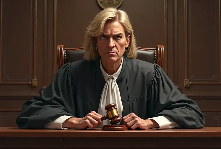 A realistic depiction of a courtroom. A judge sits in his seat and holds a judge's gavel in his hand. She looks very angry and unfriendly and laughs mischievously.