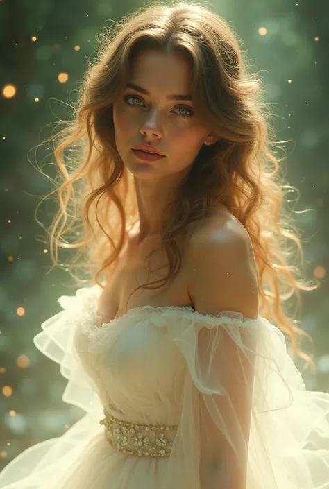 Very pretty 19-year-old woman with a profiled face and light brown, wavy hair, emerald eyes and white princess dress, Taken from a lamp 