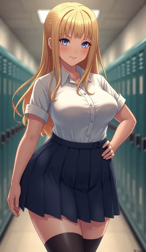 Make a thick blonde girl in high school uniform with thigh highs, blue eyes

