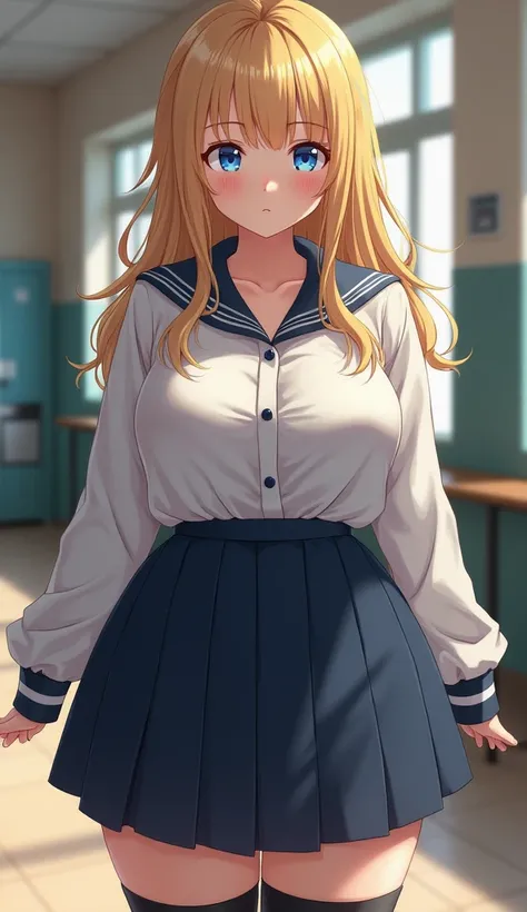 Make a thick blonde girl in high school uniform with thigh highs, blue eyes

