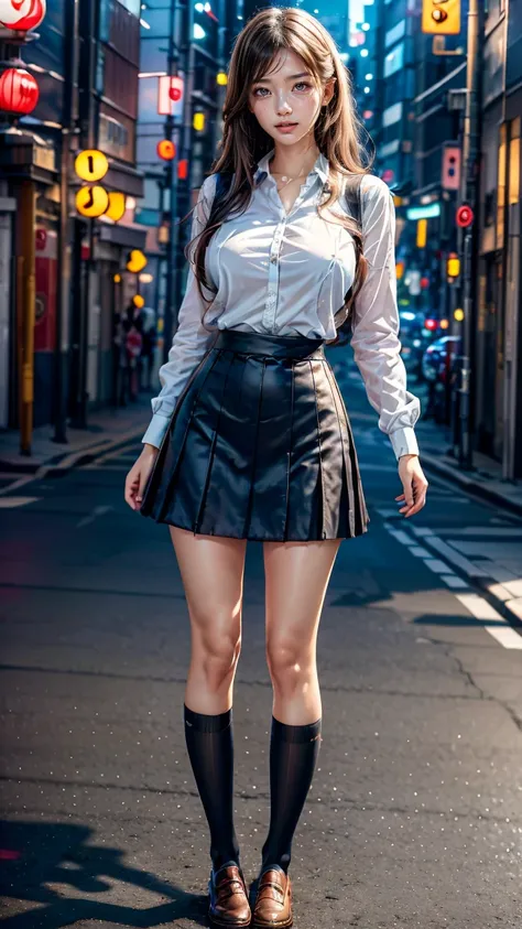 a beautiful 18 year old Japanese high school girl with perfect anatomy, healthy thighs, beautiful legs, beautiful skin, random hair color and style, large breasts, (wearing a Japanese schoolgirl uniform:1.3), (she is standing:1.2), penny loafers, holding a...