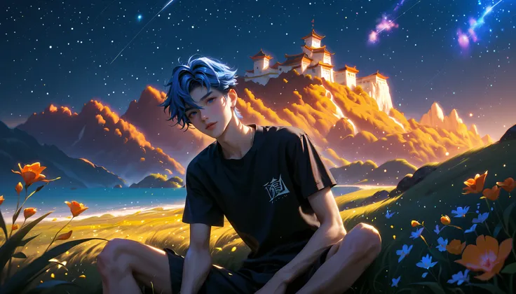 a skinny chinese boy, 20 years old, is in a fantasy town sitting down watching the landscape with a castle, he has blue hair, slim boy, skinny abs, completely naked, wearing only the t-shirt and showing his penis with few pubic hair, sweet facial expressio...