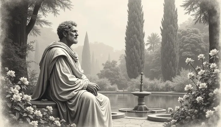 Marcus Aurelius setting in a garden sketch 