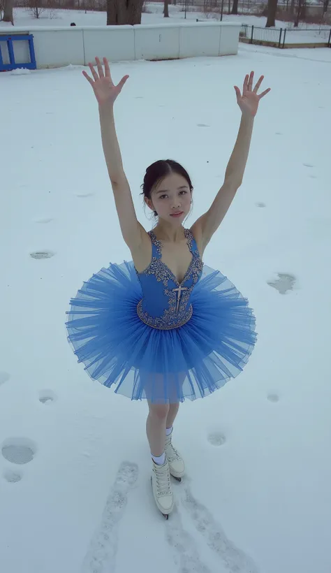  taken from above、 Fisheye 、 anatomically correct、Carafe statue in a blue dress wearing white shoes ice skating, Picture inspired by Zhou Wenjing , trending on reddit , Arabesque,  Andrea Savchenko ,  leotards,  Irina Nordsol Kuzmina ,  Nadezhda Tikhomirov...