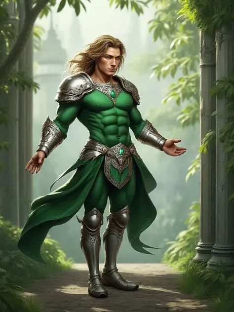 A stunning digital painting capturing the essence of a male fantasy green English knight. This unique character, with flowing light brown hair and a muscular physique, is depicted in vibrant green skin tone. Adorned in ornate silver and green armor, with a...