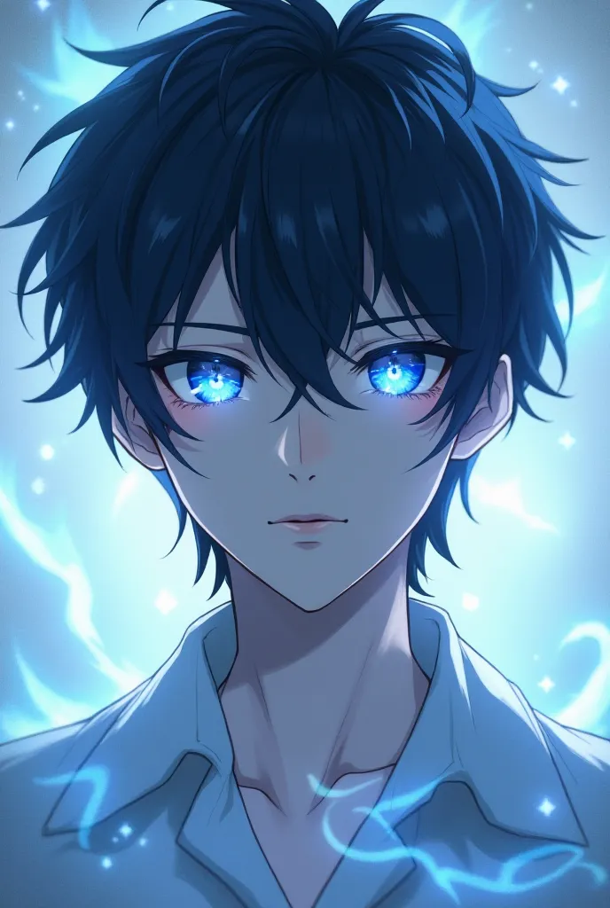 Blue eye with white pupils, black hair with beautiful, younger, god of eternity, gender male, anime.