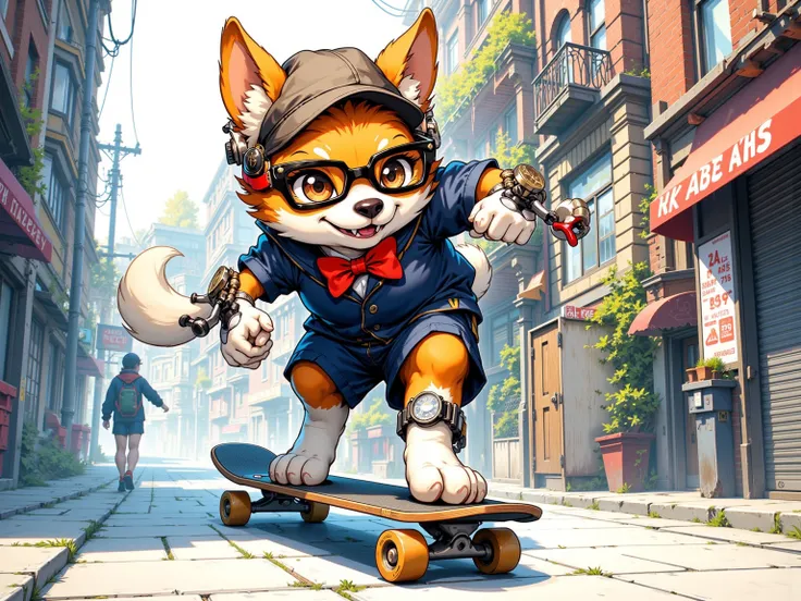 1 dog ,Detective Juvenile, wearing black-rimmed glasses , red bow tie ,Navy blue school uniform, shorts,Ride a skateboard, Watch,Paw Gloves