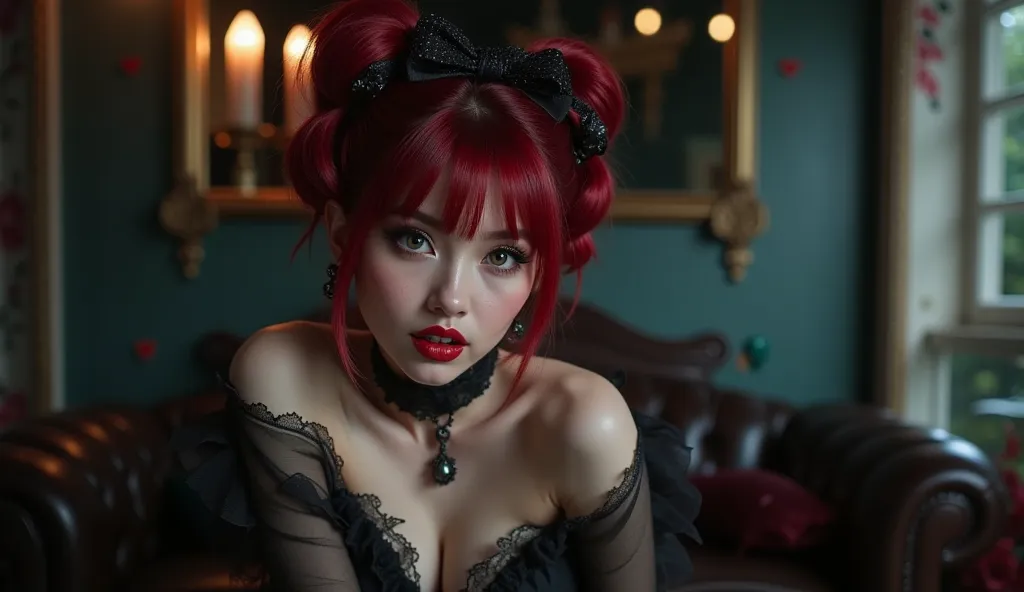 a dark mansion in th night, cute and vivid decorations on the walls, dim light, vampire-inspired costume, get to feed me a big black chocolate cake, wearing dark red warm fluffy gothic lolita fashion, mouth wide open, pampered expression, lovey-dovey, dark...