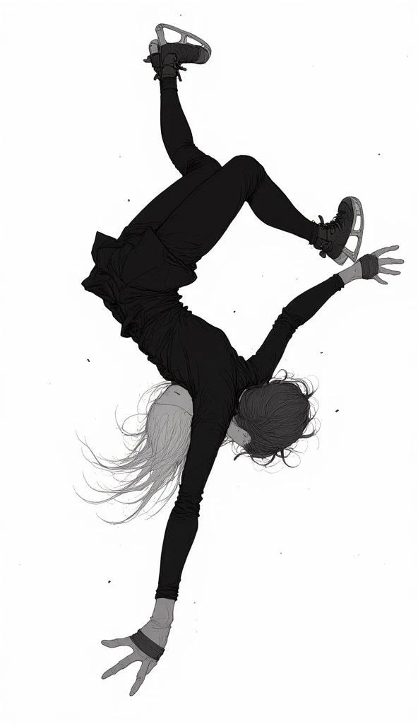  taken from below、 Fisheye 、 Dynamic Poses 、 dynamic composition、Carafe figure wearing black clothes and skating on a white surface, Sketches inspired by Adrien Henzne Deke, Tumbler, Arabesque,  Anastasia Ovchinnikova  , In action pose,  Nadezhda Tikhomiro...