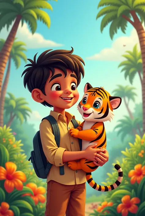 Aarav Names the Baby Tiger
- Image prompt: A playful illustration of Aarav holding the baby tiger and saying "I'll name you Raja!" The background could feature a bright and colorful jungle landscape with tropical flowers and trees.