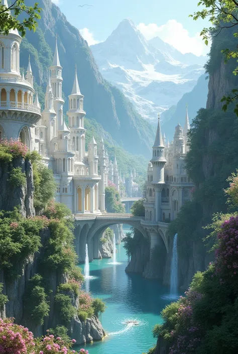 une ville toute blanche inspiré de fondcombe du seigneur des anneaux avec beacoup de plantes ou tout semble magique vu de loin on voit toute la ville