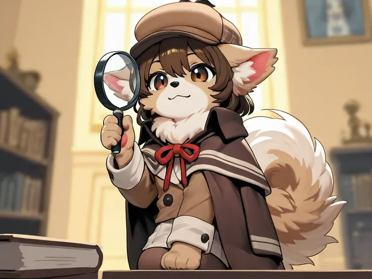 A fluffy dog wearing a detective hat, a loupe, is investigating a scene of crime travels. The center of the image features the cat holding a magnifying glass, with the background radially divided to show different clues and victimology and scenes of the cr...