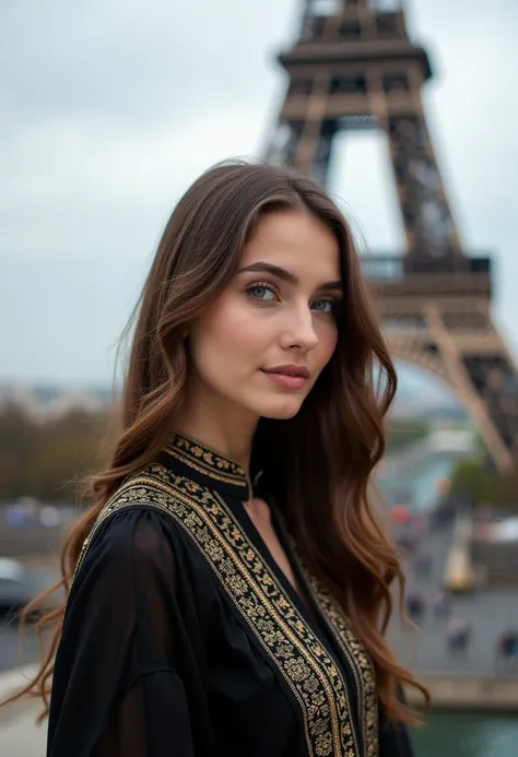 A 25 year old beautiful Russian  lite white  skin girl with lite smiley face with long, brown hair and piercing blue eyes. She's wearing a Pakistani black dress and standing in front of a stunning Paris tower