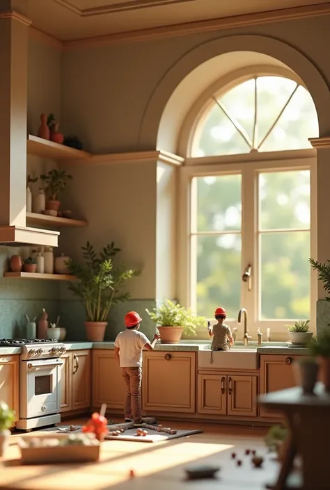  photo where little people install a kitchen set, beautiful aesthetic interior 