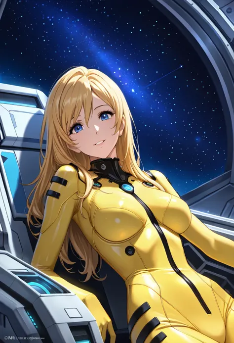 (masterpiece, best quality), , 1girl, fyuk1, solo, blue eyes, blonde hair, long hair, yellow_bodysuit, smile, parted lips, leaning back, looking at viewer, (black starry space), spacecraft, , night, beautiful lighting, starry, 200mm,