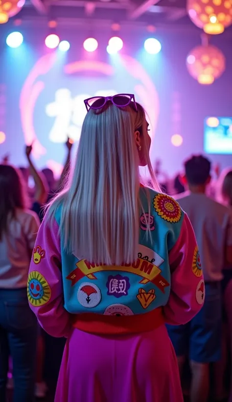 An Asian dancer, performing live in a bustling nightclub, with silver hair, wearing a multi-colored bomber jacket, wearing fashionable sunglasses on the back, covered with colorful logos, clear, detailed, sharp, colorful on the back, cheered by the crowd u...