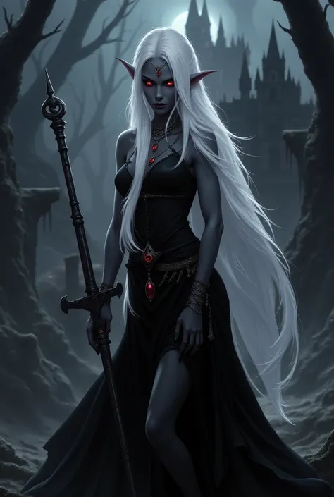 drow elf woman, long white hair, red eyes, dark gray skin, ruby earrings and necklace, sinister diadem, slim body, black thin cloth sleeveless dress, full-body view, dark vampire castle on the background, (best quality,4k,8k,highres,masterpiece:1.2),ultra-...