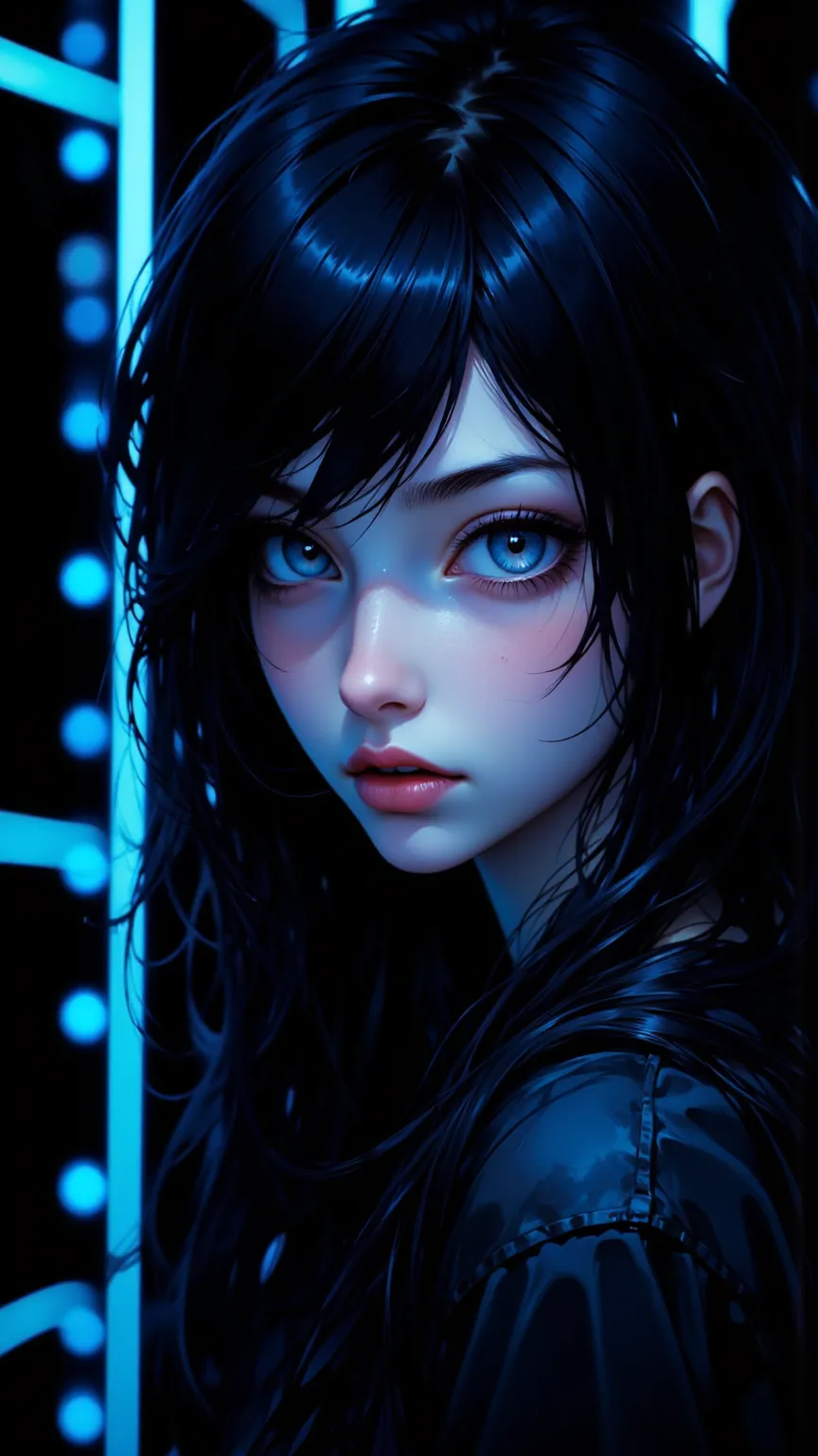  A beautiful artwork showing a black haired smooth 、Charming blue-eyed girl ， Her eyes are fixed on the audience ， expression Serene 。  clean lines and minimalist compositions on a black background with blue neon lights to create a sense of the future。