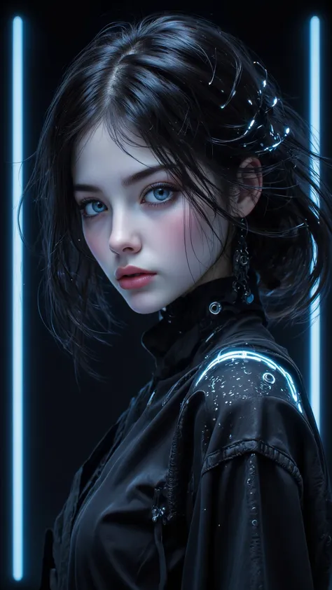  A beautiful artwork showing a black haired smooth 、Charming blue-eyed girl ， Her eyes are fixed on the audience ， expression Serene 。  clean lines and minimalist compositions on a black background with blue neon lights to create a sense of the future。